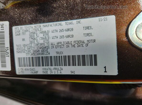 5TFJA5EC6NX001234 2022 TOYOTA TUNDRA Brown Вид наклейки з VIN-кодом