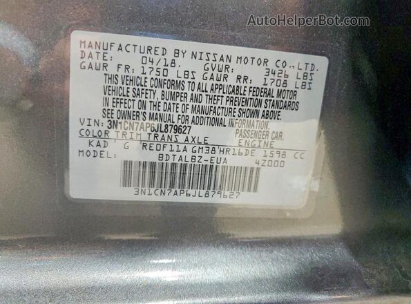 3N1CN7AP6JL879627 2018 NISSAN VERSA Gray Vista interior de 360 grados