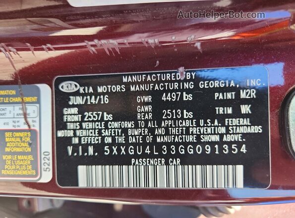 5XXGU4L33GG091354 2016 KIA OPTIMA Burgundy VIN sticker view