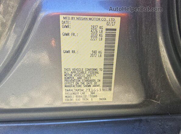 1N4AL3AP1HC211653 2017 NISSAN ALTIMA Gray VIN კოდის სტიკერის ხედი