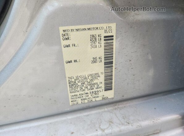 1N4BL4DV7MN389957 2021 NISSAN ALTIMA Серебряный Вид наклейки с VIN-кодом