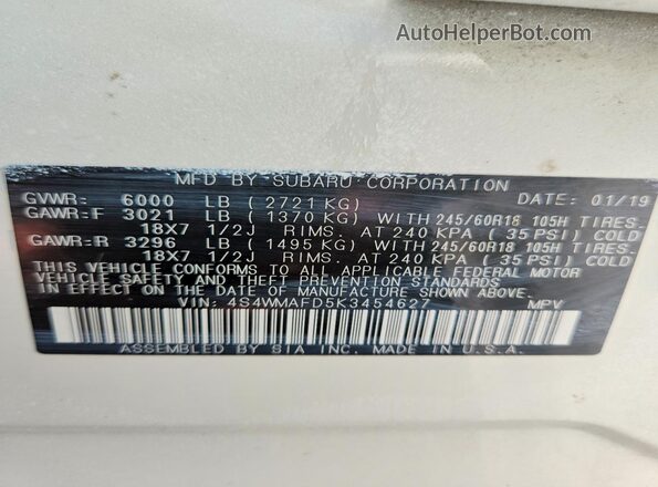 4S4WMAFD5K3454627 2019 SUBARU ASCENT Белый Панорамный вид салона 360°