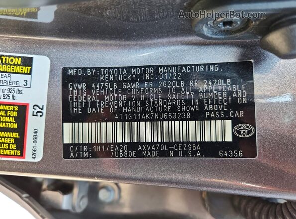 4T1G11AK7NU663238 2022 TOYOTA CAMRY Серый Вид наклейки с VIN-кодом