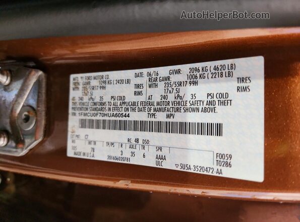 1FMCU0F70HUA60544 2017 FORD ESCAPE Orange Панорамний вид салону 360°