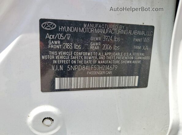 5NPD84LF5JH214679 2018 HYUNDAI ELANTRA White VIN կոդի պիտակի տեսք