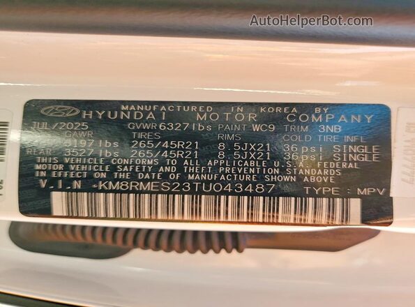 KM8RMES23TU043487 2026 HYUNDAI PALISADE White Widok wnętrza 360 stopni
