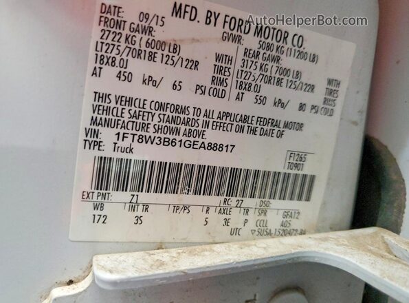 1FT8W3B61GEA88817 2016 FORD F350 Белый Вид наклейки с VIN-кодом