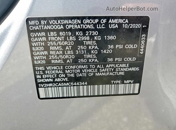 1V2HR2CA5MC544344 2021 VOLKSWAGEN ATLAS Silver Widok wnętrza 360 stopni