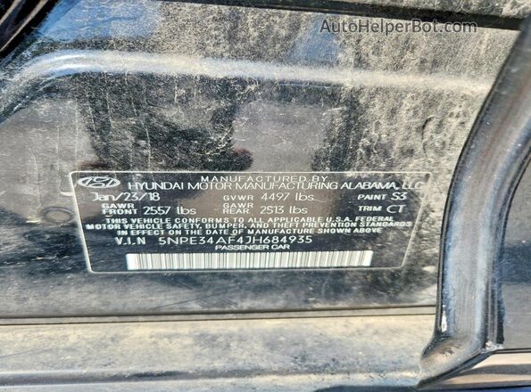 5NPE34AF4JH684935 2018 HYUNDAI SONATA Black Vista de la etiqueta del VIN