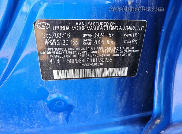 5NPD84LF1HH130238 2017 HYUNDAI ELANTRA Синий Вид наклейки с VIN-кодом