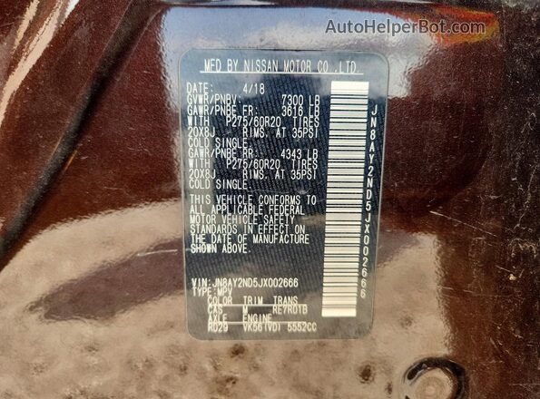 JN8AY2ND5JX002666 2018 NISSAN ARMADA Burgundy Սալոնի 360 աստիճան տեսք