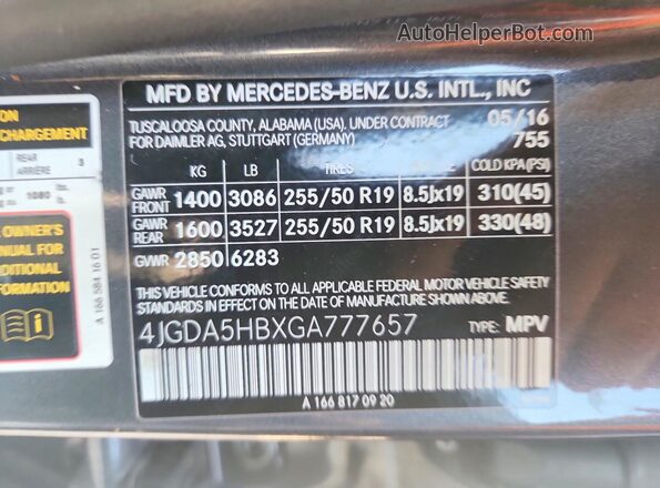 4JGDA5HBXGA777657 2016 MERCEDES-BENZ GLE Серый Вид наклейки с VIN-кодом
