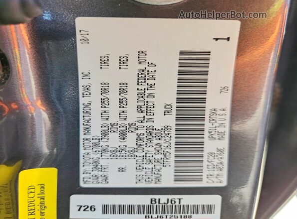 5TFRM5F16JX124789 2018 TOYOTA TUNDRA Gray VIN კოდის სტიკერის ხედი