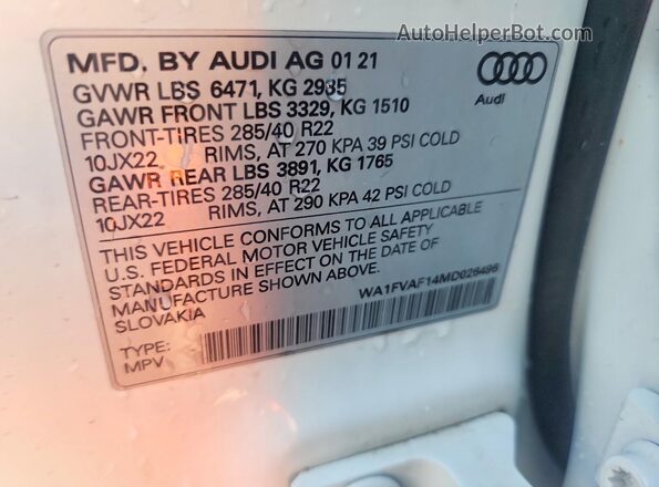 WA1FVAF14MD026496 2021 AUDI Q8 White Vista interior de 360 grados