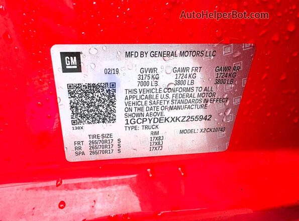 1GCPYDEKXKZ255942 2019 CHEVROLET SILVERADO Красный Вид наклейки с VIN-кодом