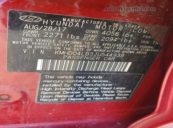 KMHD04LB3JU544939 2018 HYUNDAI ELANTRA Red Widok naklejki z numerem VIN