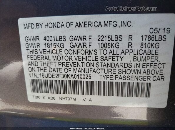 19UDE2F30KA010025 2019 ACURA ILX Gray Շարժիչի բաժամունքի տեսք