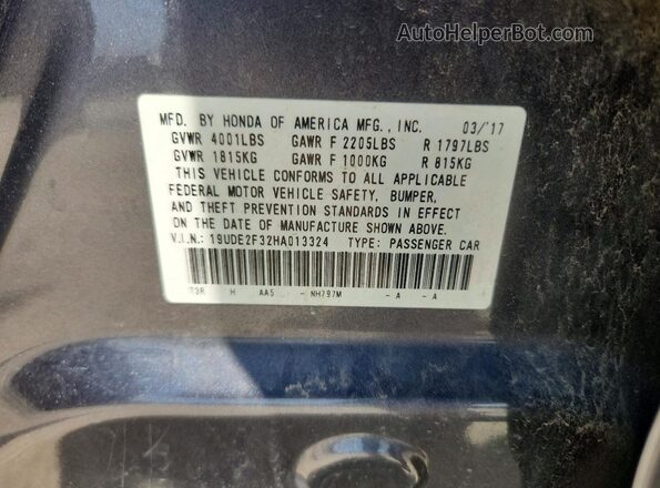 19UDE2F32HA013324 2017 ACURA ILX Gray VIN კოდის სტიკერის ხედი