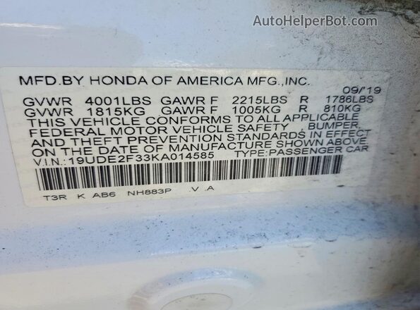 19UDE2F33KA014585 2019 ACURA ILX White Շարժիչի բաժամունքի տեսք