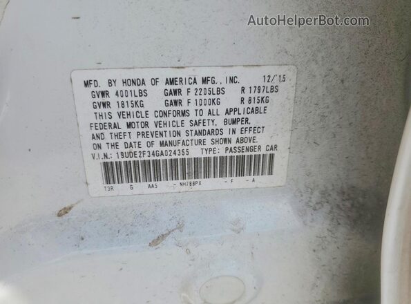 19UDE2F34GA024355 2016 ACURA ILX White Vista del compartimento del motor