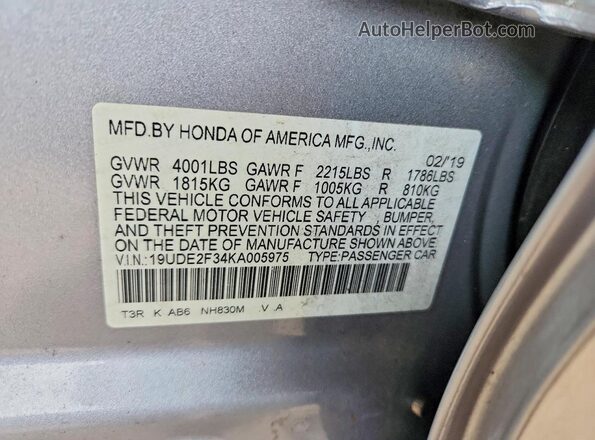 19UDE2F34KA005975 2019 ACURA ILX Silver Вид підкапотного простору