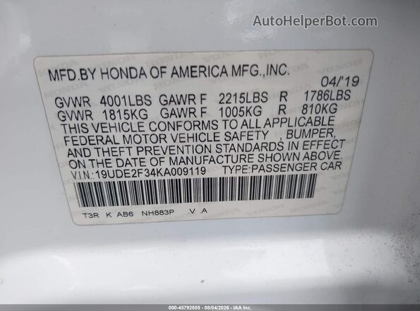 19UDE2F34KA009119 2019 ACURA ILX White Engine compartment view