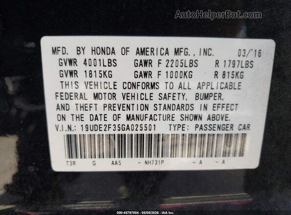 19UDE2F35GA025501 2016 ACURA ILX Black Widok komory silnika