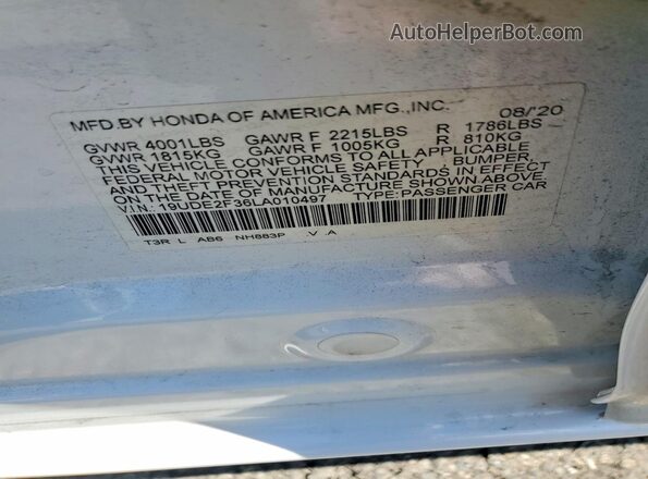 19UDE2F36LA010497 2020 ACURA ILX White Vista de la etiqueta del VIN