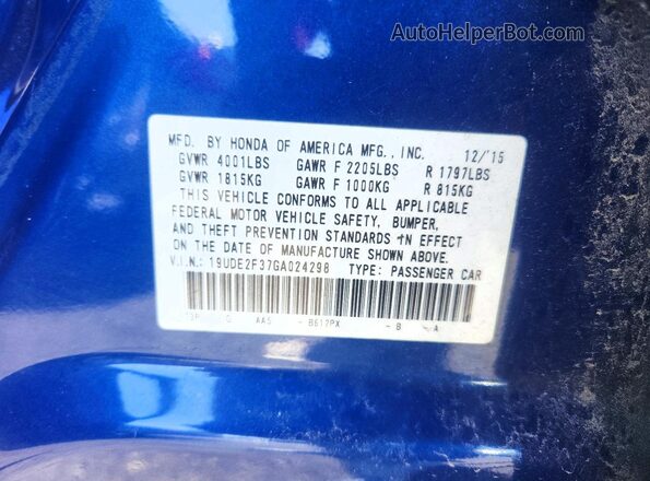 19UDE2F37GA024298 2016 ACURA ILX Blue Vista del compartimento del motor