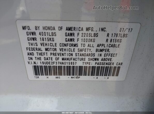 19UDE2F37HA015957 2017 ACURA ILX White Engine compartment view