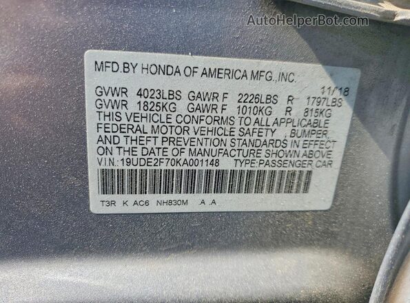 19UDE2F70KA001148 2019 ACURA ILX Silver VIN კოდის სტიკერის ხედი