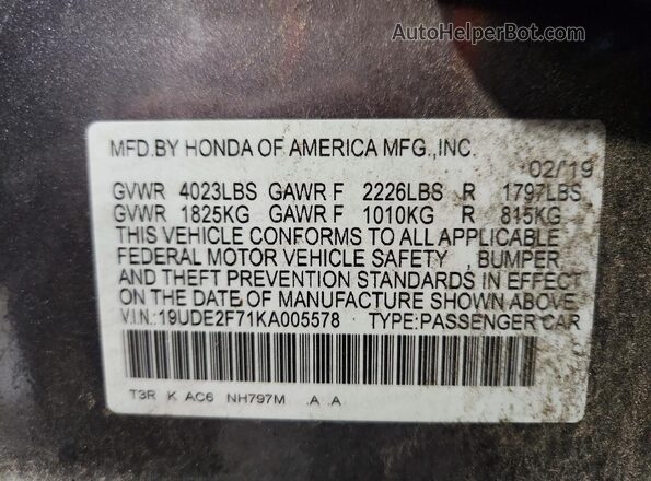 19UDE2F71KA005578 2019 ACURA ILX Gray VIN կոդի պիտակի տեսք