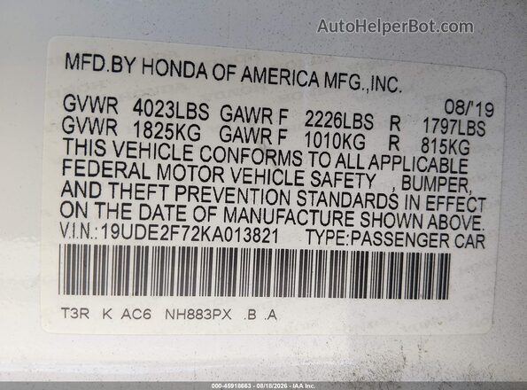 19UDE2F72KA013821 2019 ACURA ILX White Widok komory silnika