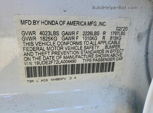 19UDE2F72LA004490 2020 ACURA ILX White Շարժիչի բաժամունքի տեսք