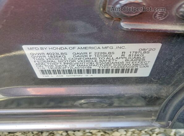 19UDE2F72LA010158 2020 ACURA ILX Gray Widok komory silnika