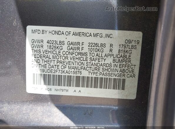 19UDE2F73KA015576 2019 ACURA ILX Gray Engine compartment view