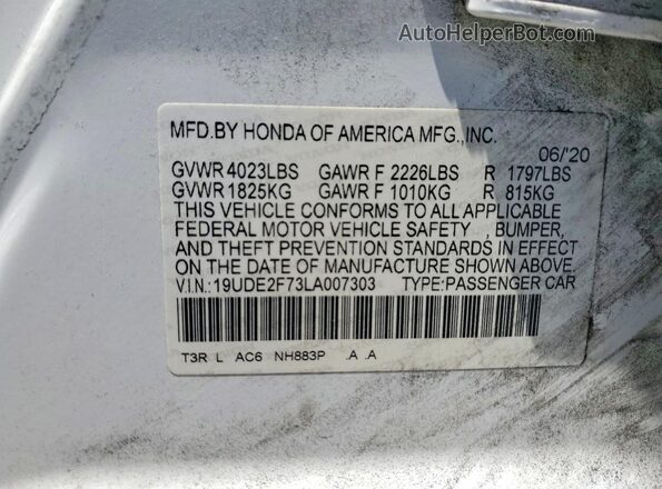 19UDE2F73LA007303 2020 ACURA ILX Белый Вид подкапотного пространства