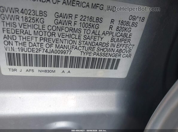 19UDE2F74JA009977 2018 ACURA ILX Silver Widok komory silnika
