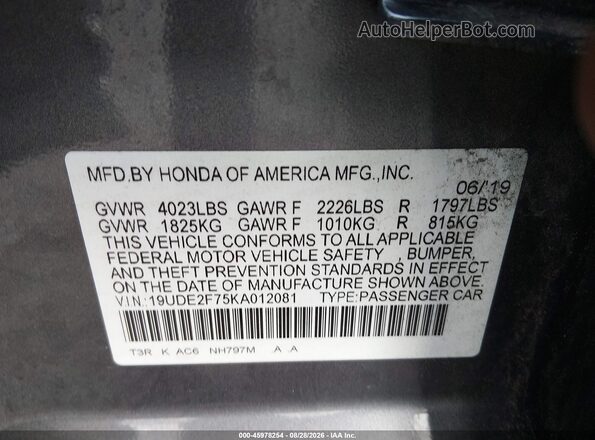 19UDE2F75KA012081 2019 ACURA ILX Gray ძრავის განყოფილების ხედი