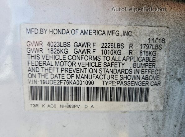 19UDE2F76KA001090 2019 ACURA ILX White VIN կոդի պիտակի տեսք