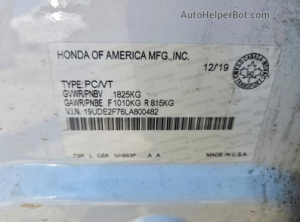 19UDE2F76LA800482 2020 ACURA ILX White VIN კოდის სტიკერის ხედი