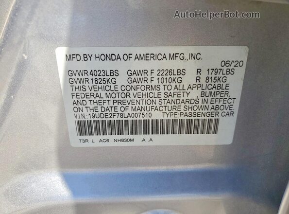 19UDE2F78LA007510 2020 ACURA ILX Silver Widok komory silnika