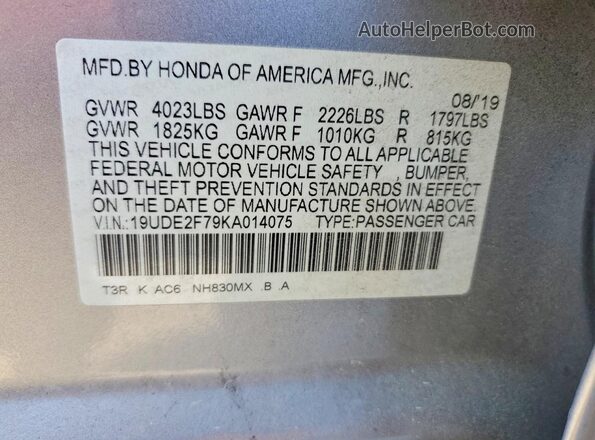 19UDE2F79KA014075 2019 ACURA ILX Silver Vista de la etiqueta del VIN
