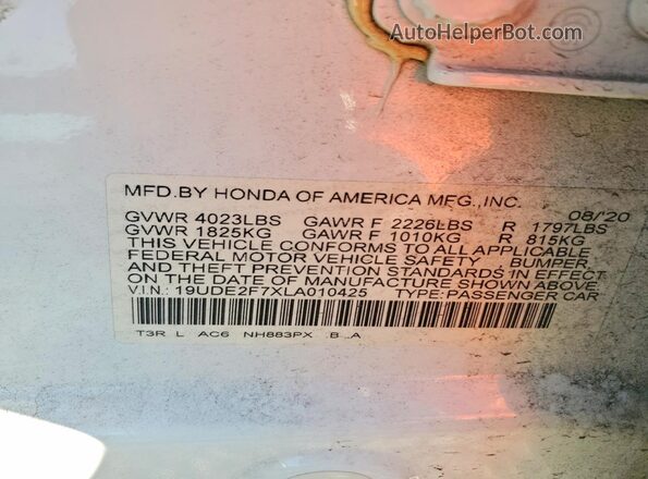 19UDE2F7XLA010425 2020 ACURA ILX White Vista del compartimento del motor