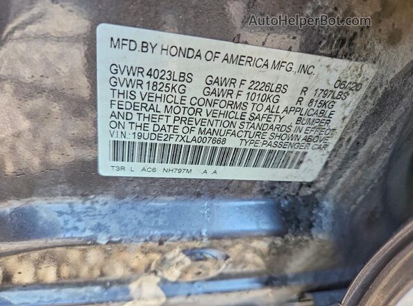 19UDE2F7ZXLA00766 2020 ACURA ILX Gray VIN კოდის სტიკერის ხედი