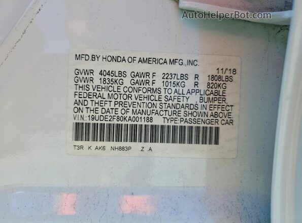 19UDE2F80KA001188 2019 ACURA ILX White VIN კოდის სტიკერის ხედი