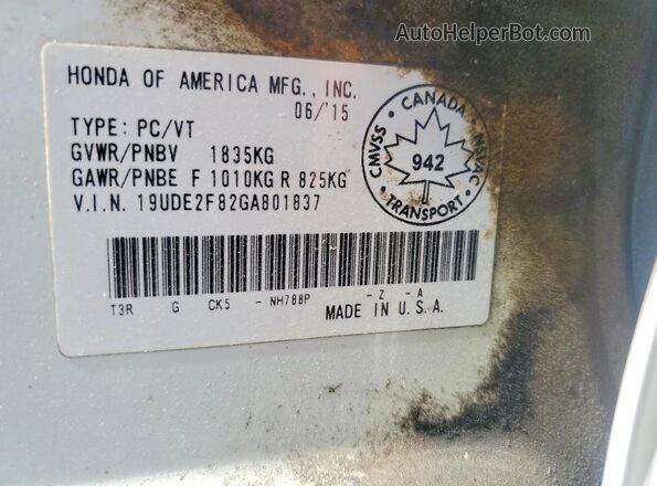 19UDE2F82GA801837 2016 ACURA ILX White Vista de la etiqueta del VIN