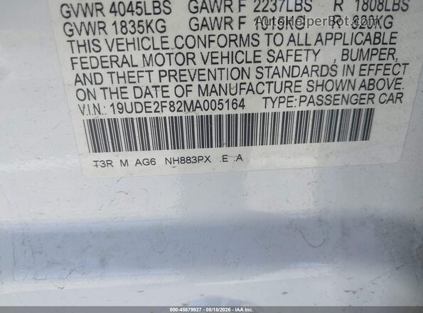 19UDE2F82MA005164 2021 ACURA ILX White Շարժիչի բաժամունքի տեսք