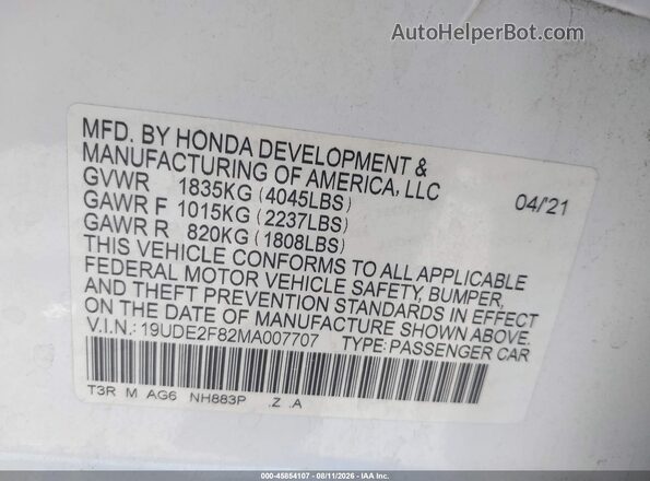 19UDE2F82MA007707 2021 ACURA ILX White Widok komory silnika