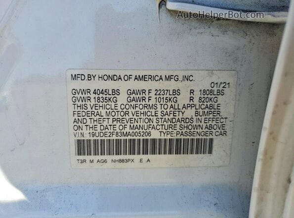 19UDE2F83MA005206 2021 ACURA ILX White Vista de la etiqueta del VIN
